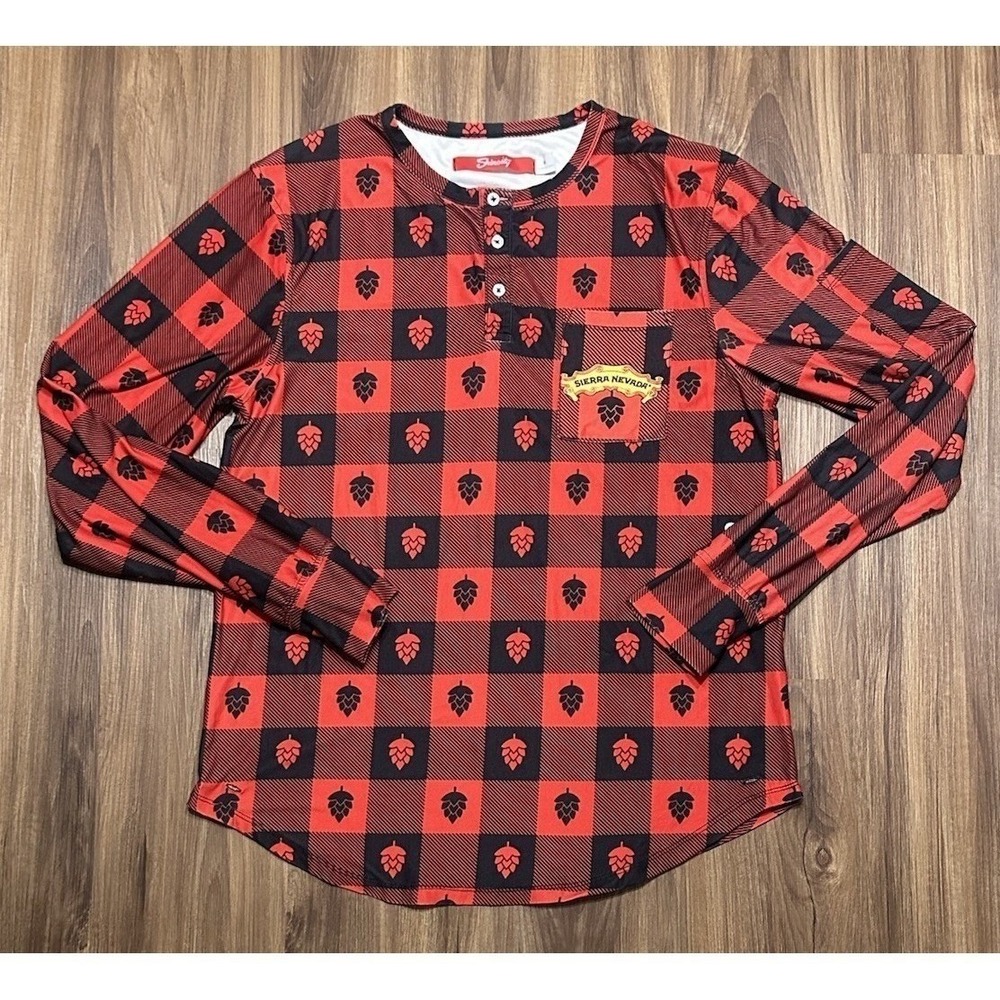 Shinesty Long Sleeve Pajama Sleep Henley Shirt Red/Black Sierra Nevada Sz M